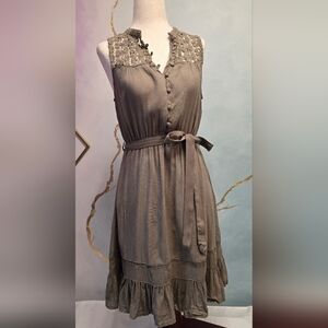 YA Los Angeles Sleeveless Olive Green Dress with Crochet DetailButton Yoke S NWT